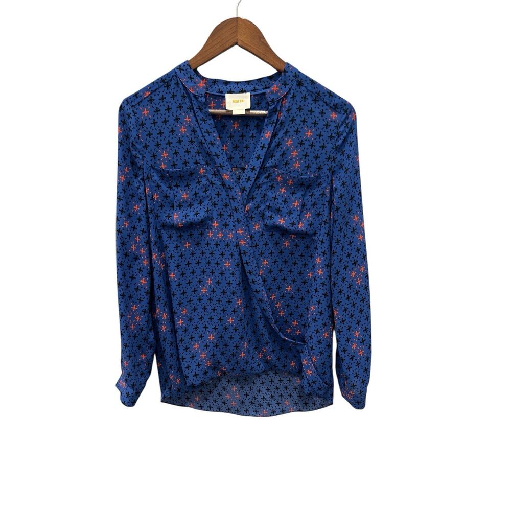 Maeve  Women’s Blouse Size 4BlueBlack Orange Floral Star Print Long Sleeve